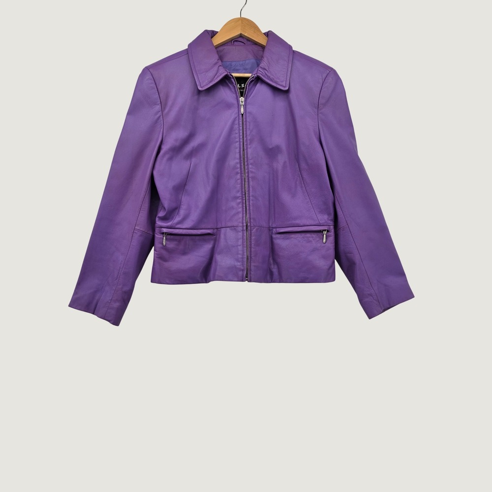 Wilsons Vintage Purple Leather Jacket Womens Large Zip Moto Biker Y2K Streetwear